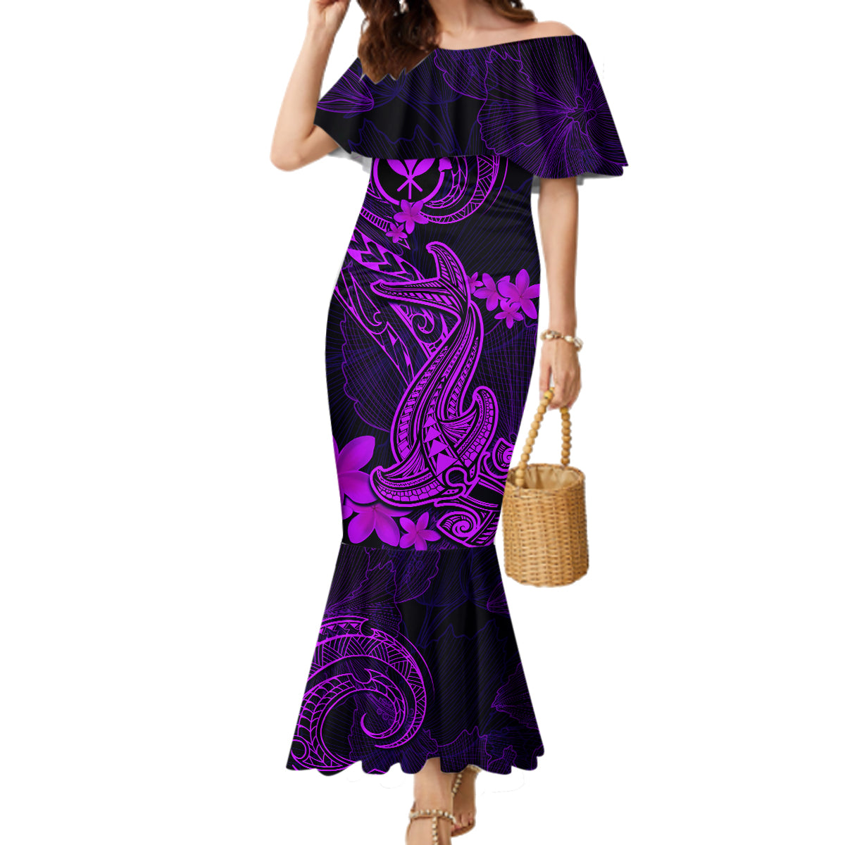 Hawaii Family Matching Mermaid Dress and Hawaiian Shirt Hammerhead Shark Tattoo Mix Polynesian Plumeria Purple Version - Wonder Print Shop