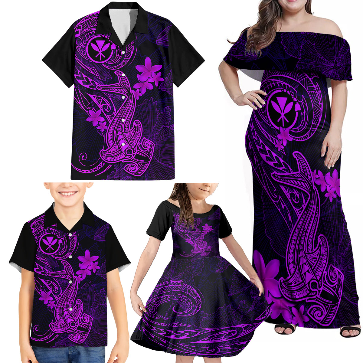 Hawaii Family Matching Off Shoulder Maxi Dress and Hawaiian Shirt Hammerhead Shark Tattoo Mix Polynesian Plumeria Purple Version - Wonder Print Shop