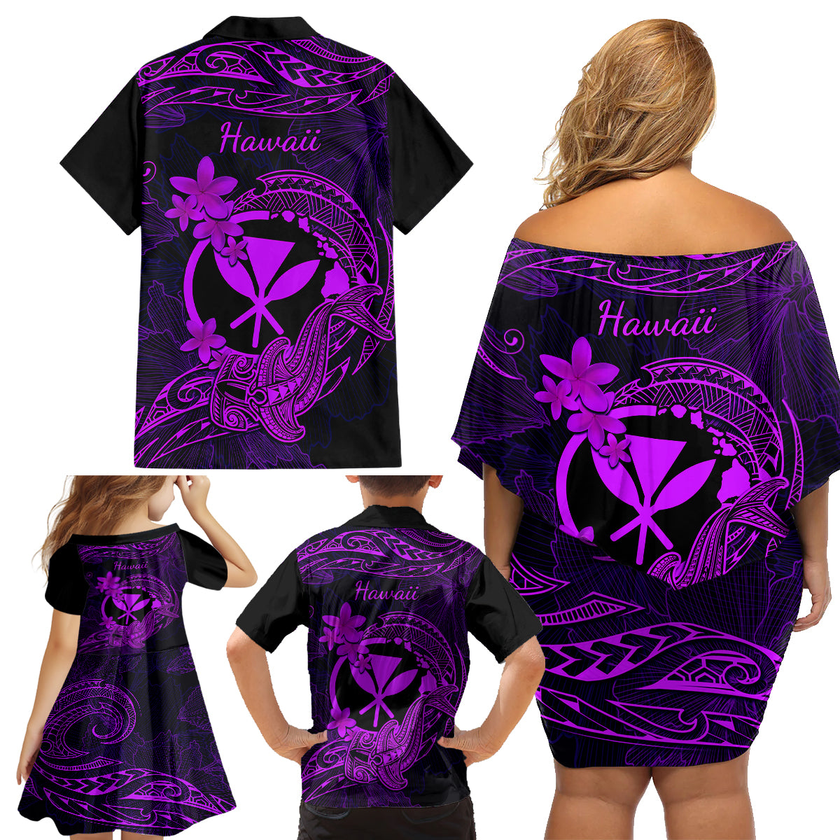 Hawaii Family Matching Off Shoulder Short Dress and Hawaiian Shirt Hammerhead Shark Tattoo Mix Polynesian Plumeria Purple Version - Wonder Print Shop