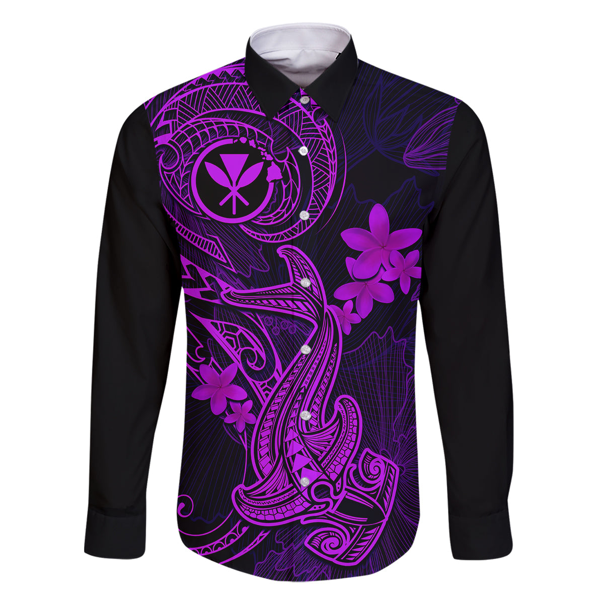 Hawaii Family Matching Off Shoulder Short Dress and Hawaiian Shirt Hammerhead Shark Tattoo Mix Polynesian Plumeria Purple Version - Wonder Print Shop