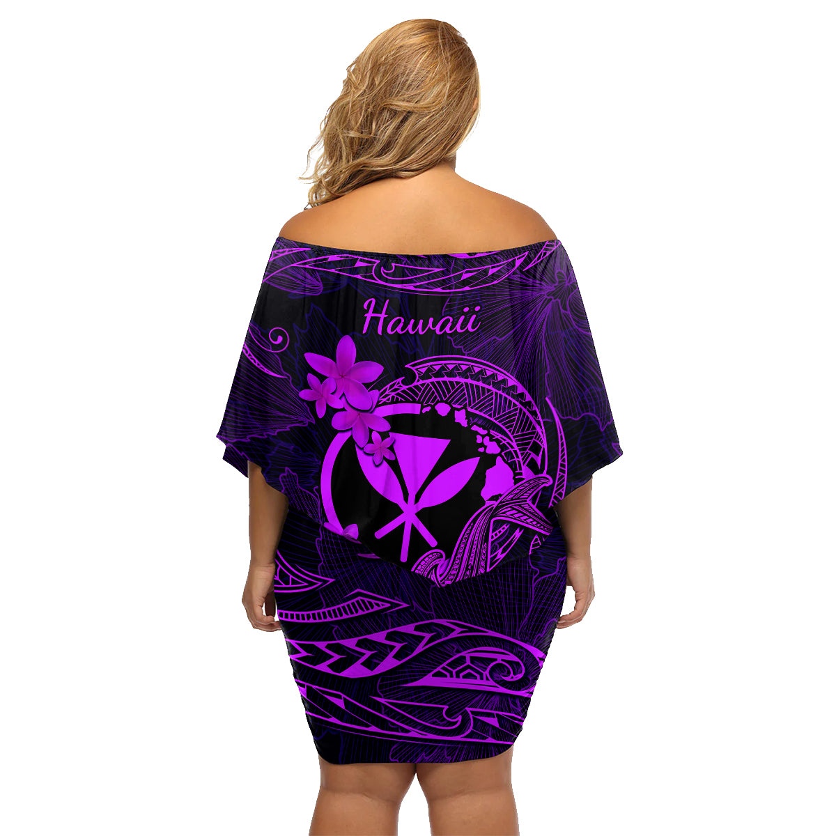 Hawaii Family Matching Off Shoulder Short Dress and Hawaiian Shirt Hammerhead Shark Tattoo Mix Polynesian Plumeria Purple Version - Wonder Print Shop