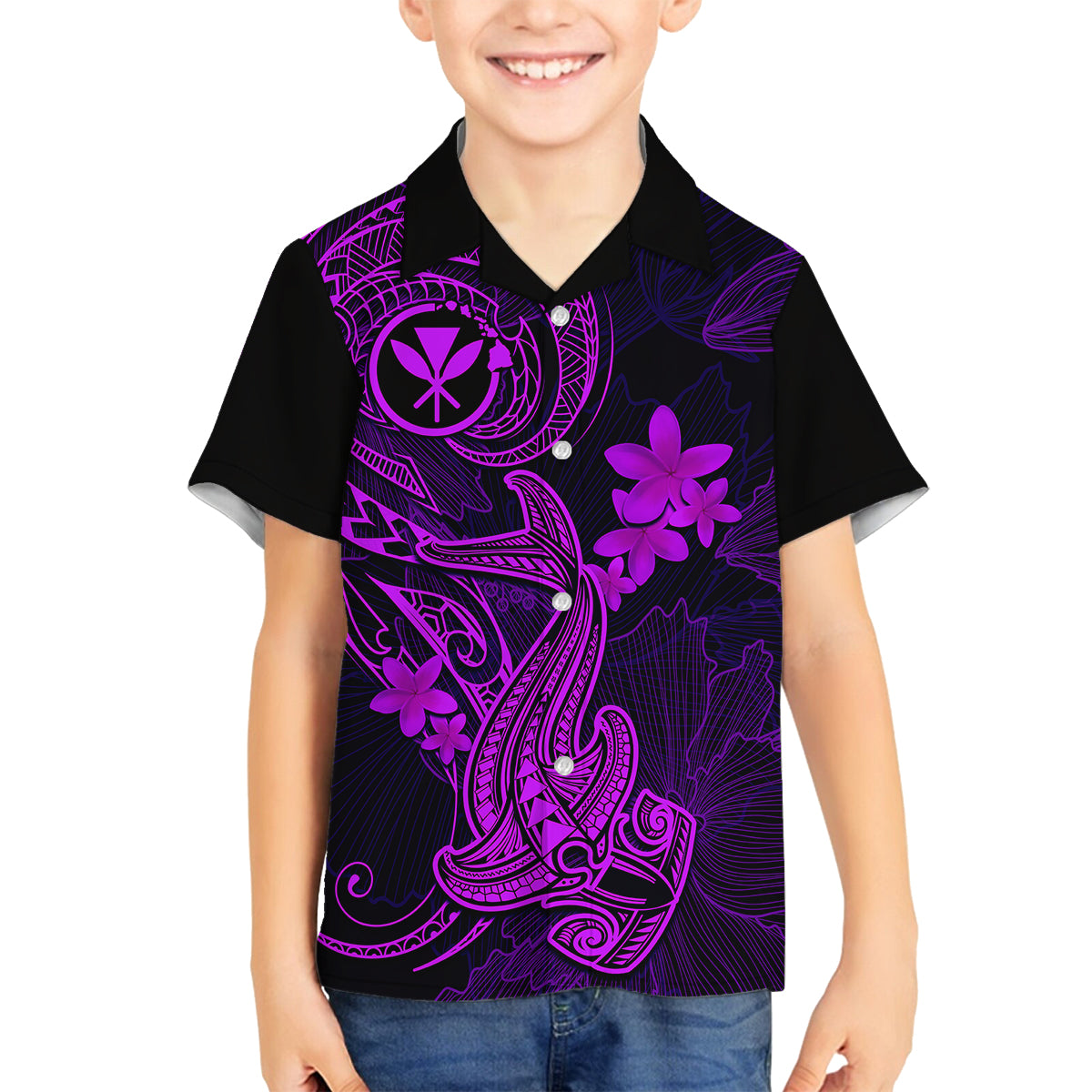 Hawaii Family Matching Off Shoulder Short Dress and Hawaiian Shirt Hammerhead Shark Tattoo Mix Polynesian Plumeria Purple Version - Wonder Print Shop