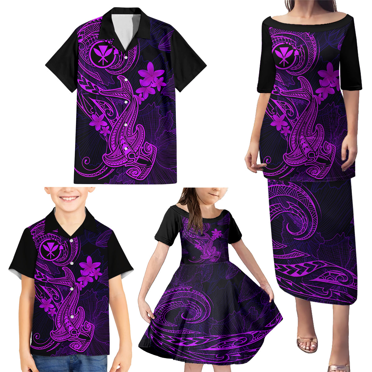 Hawaii Family Matching Puletasi Dress and Hawaiian Shirt Hammerhead Shark Tattoo Mix Polynesian Plumeria Purple Version - Wonder Print Shop