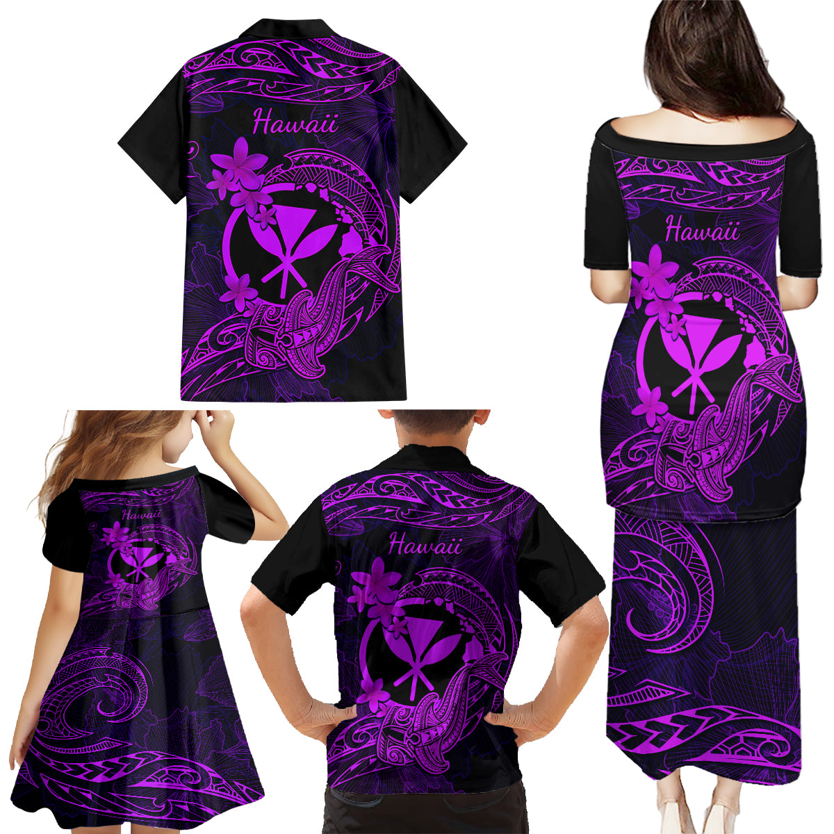 Hawaii Family Matching Puletasi Dress and Hawaiian Shirt Hammerhead Shark Tattoo Mix Polynesian Plumeria Purple Version - Wonder Print Shop