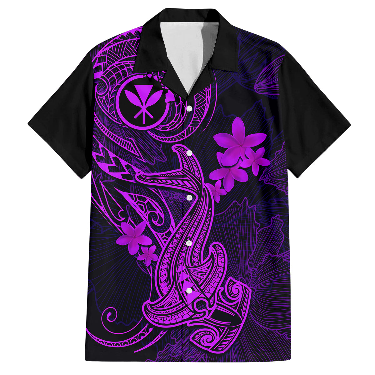 Hawaii Family Matching Puletasi Dress and Hawaiian Shirt Hammerhead Shark Tattoo Mix Polynesian Plumeria Purple Version - Wonder Print Shop