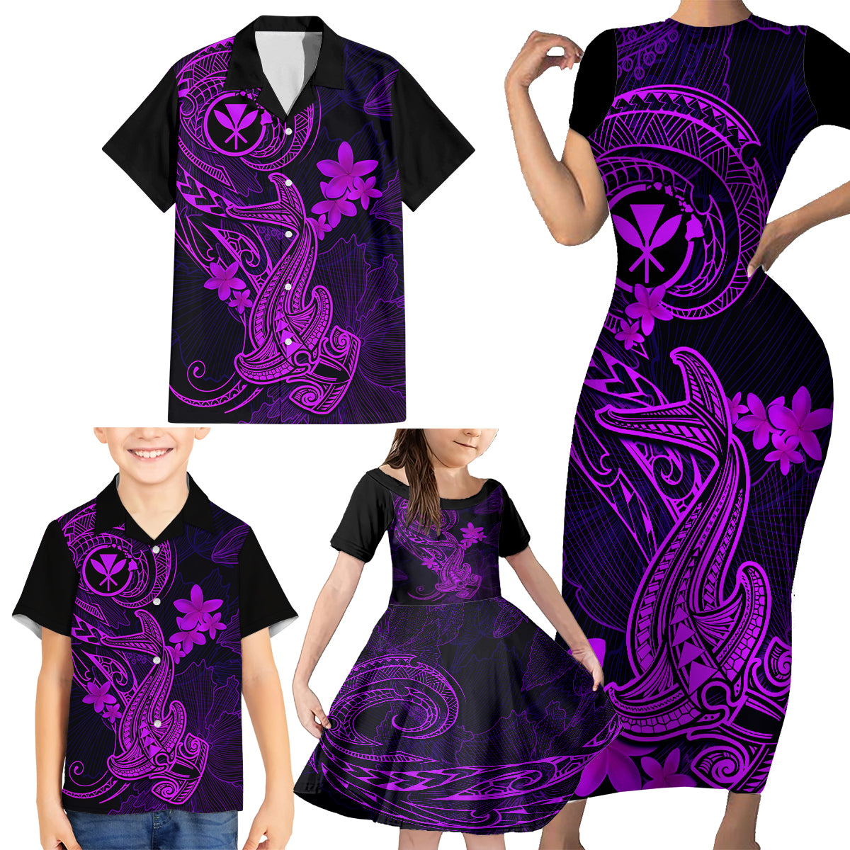 Hawaii Family Matching Short Sleeve Bodycon Dress and Hawaiian Shirt Hammerhead Shark Tattoo Mix Polynesian Plumeria Purple Version - Wonder Print Shop