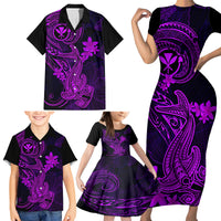 Hawaii Family Matching Short Sleeve Bodycon Dress and Hawaiian Shirt Hammerhead Shark Tattoo Mix Polynesian Plumeria Purple Version - Wonder Print Shop