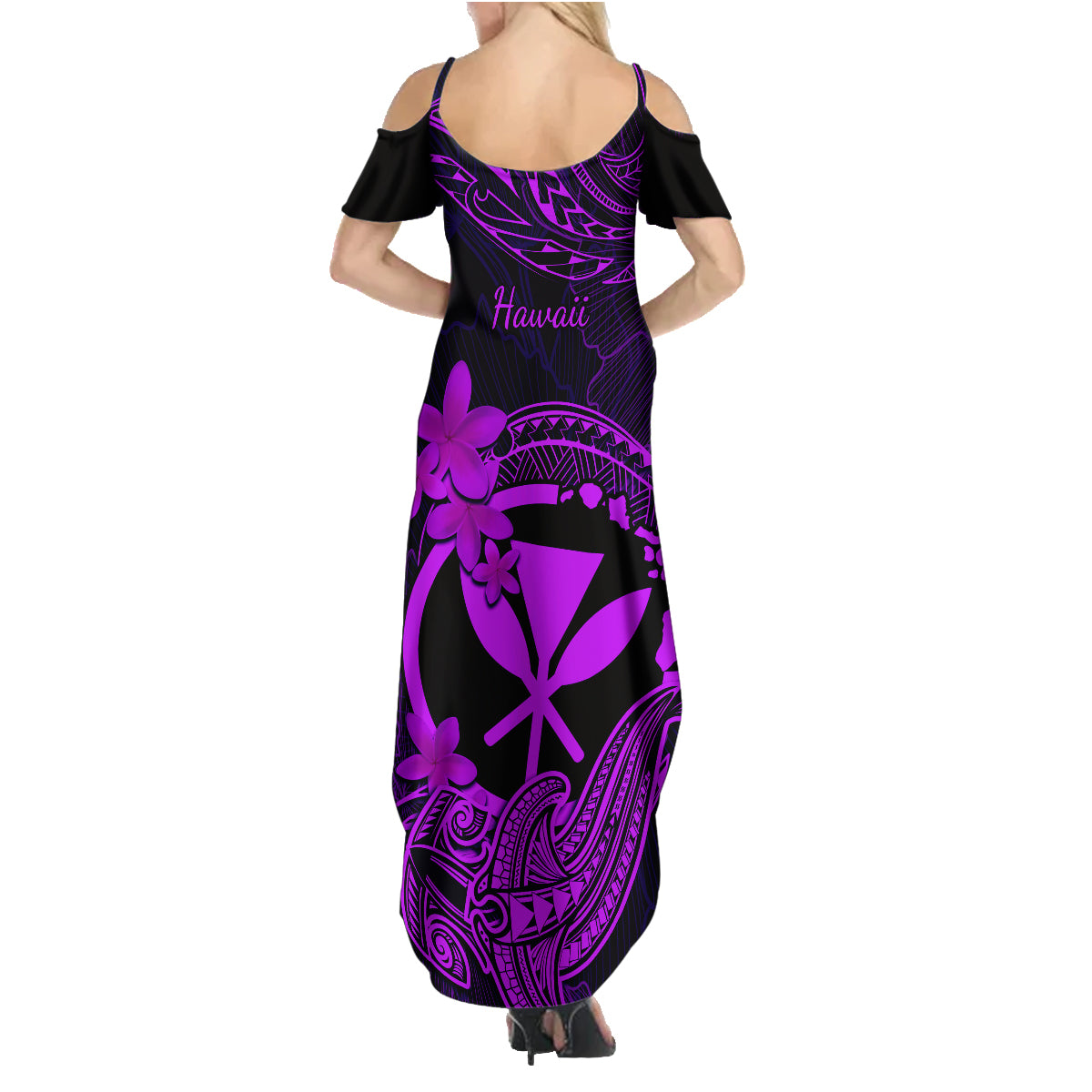 Hawaii Family Matching Summer Maxi Dress and Hawaiian Shirt Hammerhead Shark Tattoo Mix Polynesian Plumeria Purple Version - Wonder Print Shop