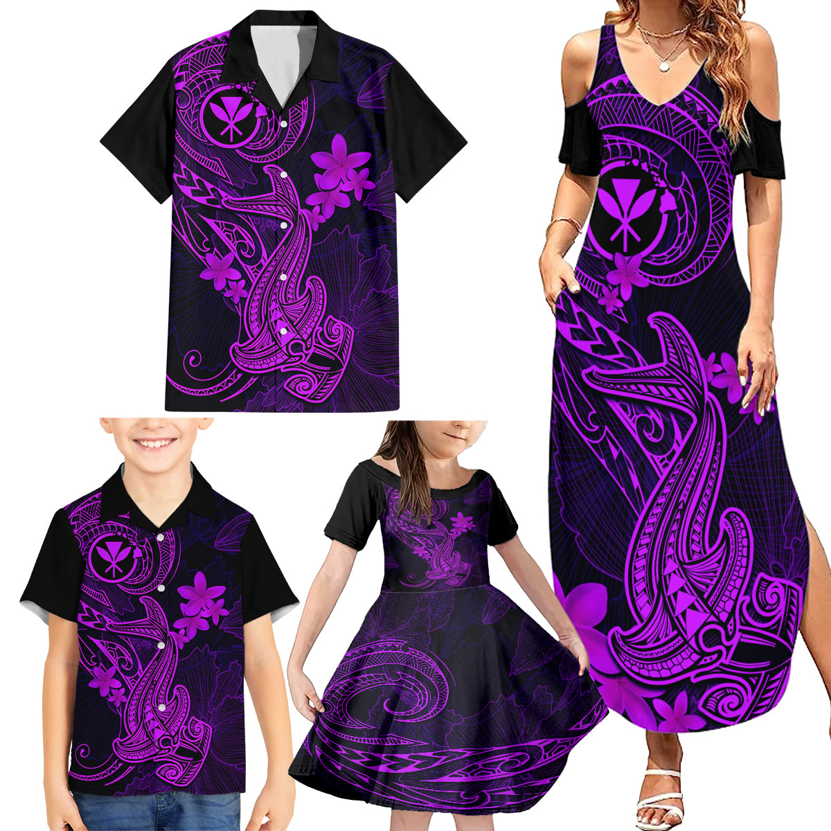 Hawaii Family Matching Summer Maxi Dress and Hawaiian Shirt Hammerhead Shark Tattoo Mix Polynesian Plumeria Purple Version - Wonder Print Shop
