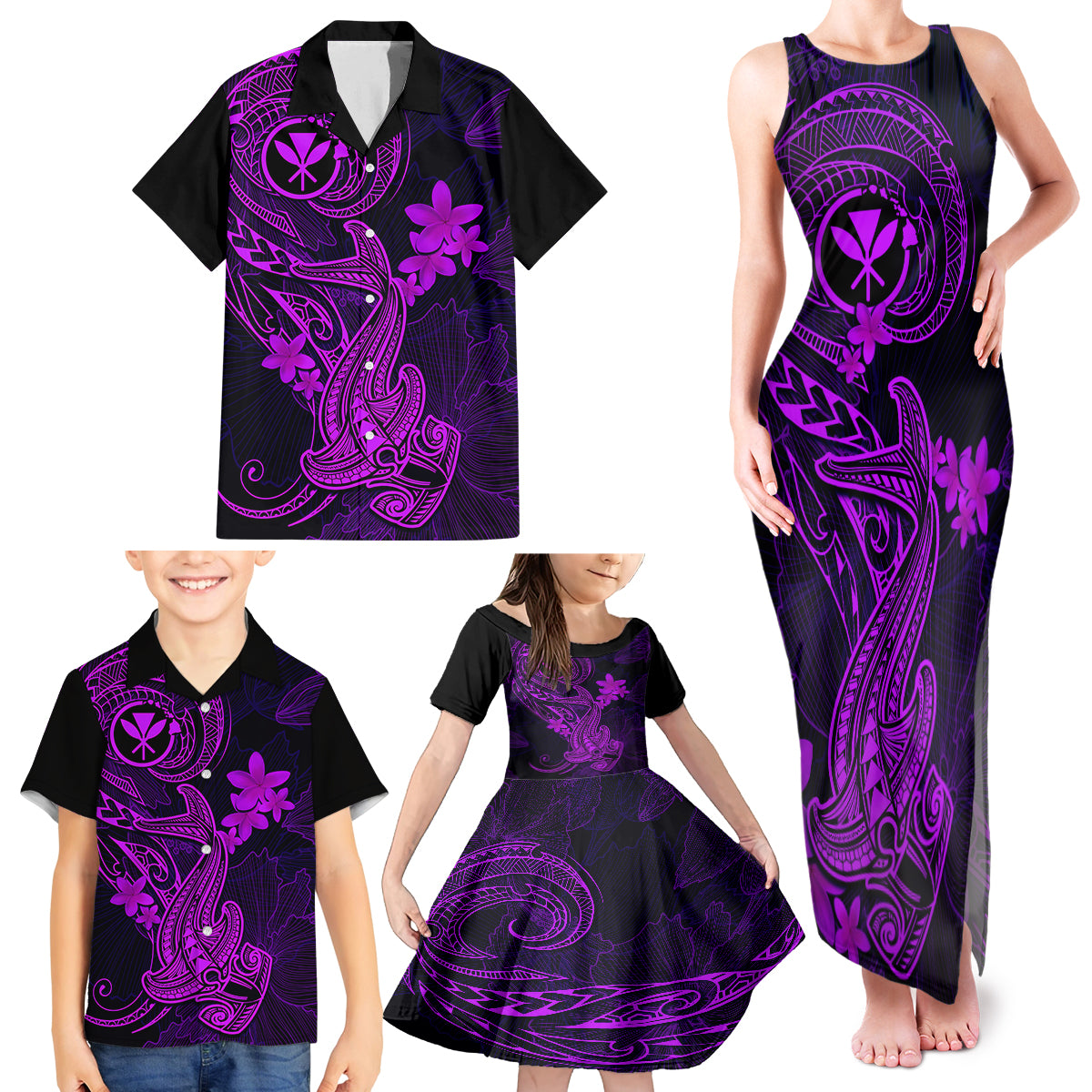 Hawaii Family Matching Tank Maxi Dress and Hawaiian Shirt Hammerhead Shark Tattoo Mix Polynesian Plumeria Purple Version - Wonder Print Shop