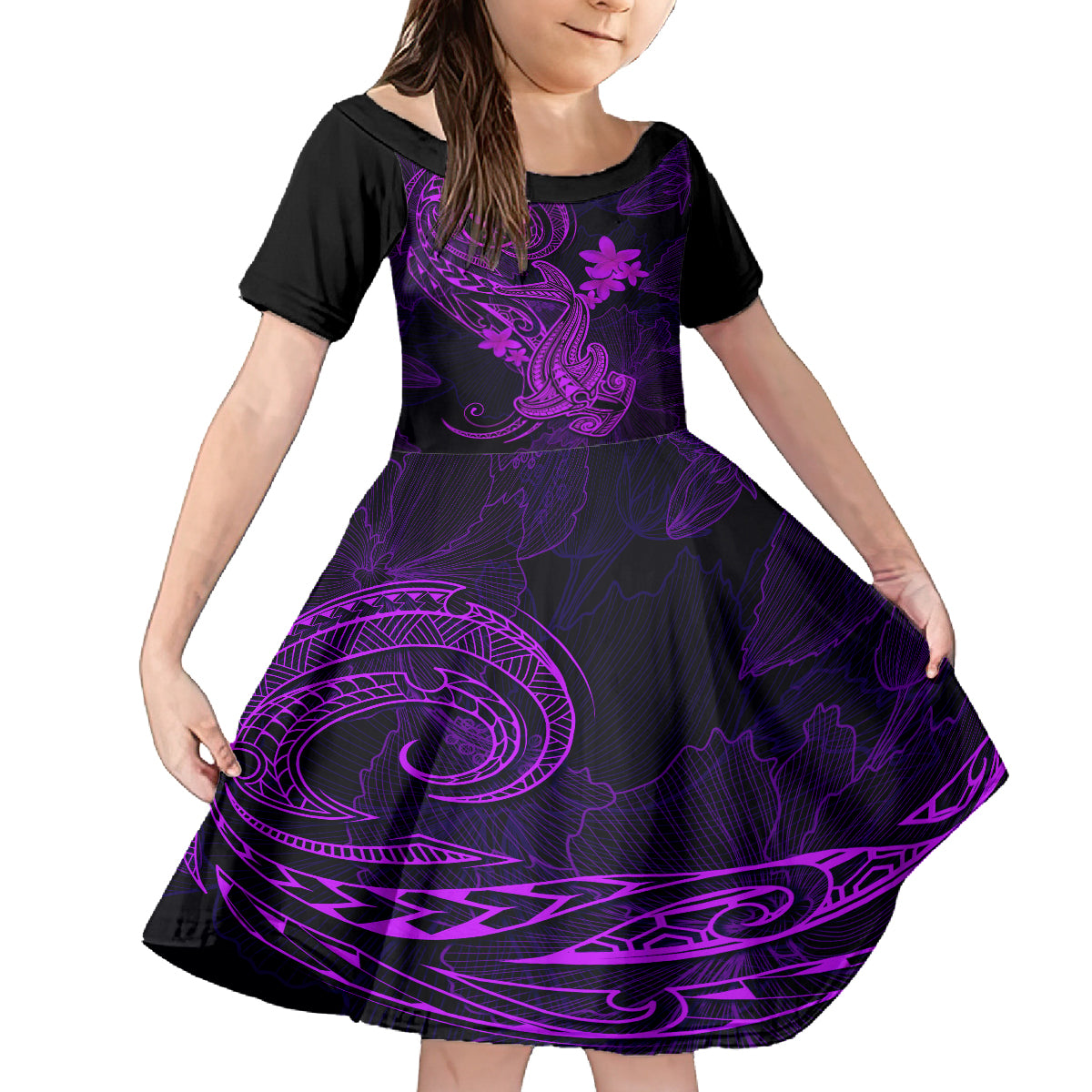 Hawaii Kid Short Sleeve Dress Hammerhead Shark Tattoo Mix Polynesian Plumeria Purple Version - Wonder Print Shop