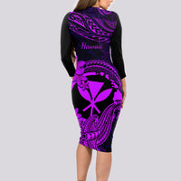 Hawaii Long Sleeve Bodycon Dress Hammerhead Shark Tattoo Mix Polynesian Plumeria Purple Version - Wonder Print Shop