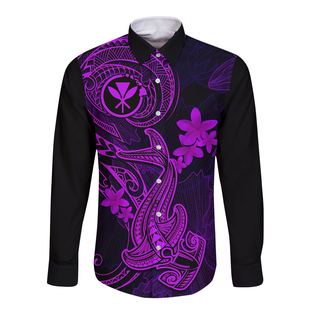 Hawaii Long Sleeve Button Shirt Hammerhead Shark Tattoo Mix Polynesian Plumeria Purple Version - Wonder Print Shop