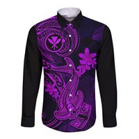 Hawaii Long Sleeve Button Shirt Hammerhead Shark Tattoo Mix Polynesian Plumeria Purple Version - Wonder Print Shop