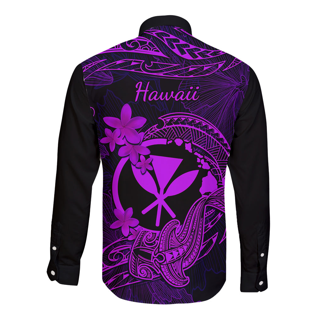 Hawaii Long Sleeve Button Shirt Hammerhead Shark Tattoo Mix Polynesian Plumeria Purple Version - Wonder Print Shop