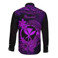Hawaii Long Sleeve Button Shirt Hammerhead Shark Tattoo Mix Polynesian Plumeria Purple Version - Wonder Print Shop