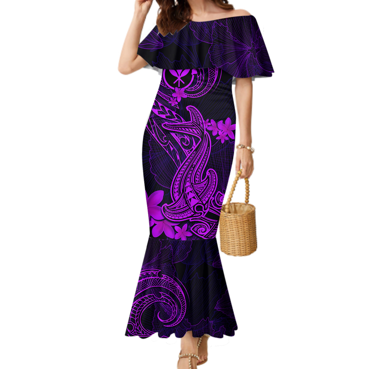 Hawaii Mermaid Dress Hammerhead Shark Tattoo Mix Polynesian Plumeria Purple Version - Wonder Print Shop
