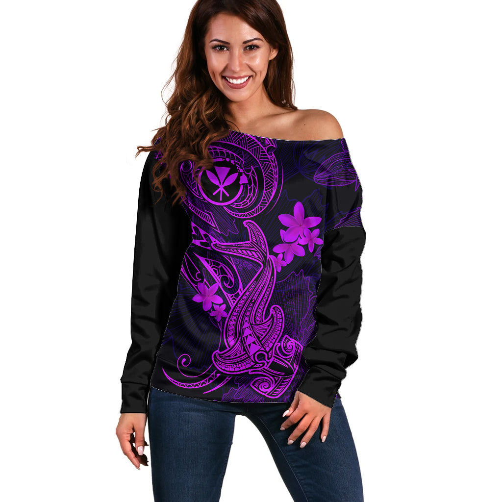 Hawaii Off Shoulder Sweater Hammerhead Shark Tattoo Mix Polynesian Plumeria Purple Version - Wonder Print Shop