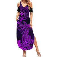 Hawaii Summer Maxi Dress Hammerhead Shark Tattoo Mix Polynesian Plumeria Purple Version - Wonder Print Shop