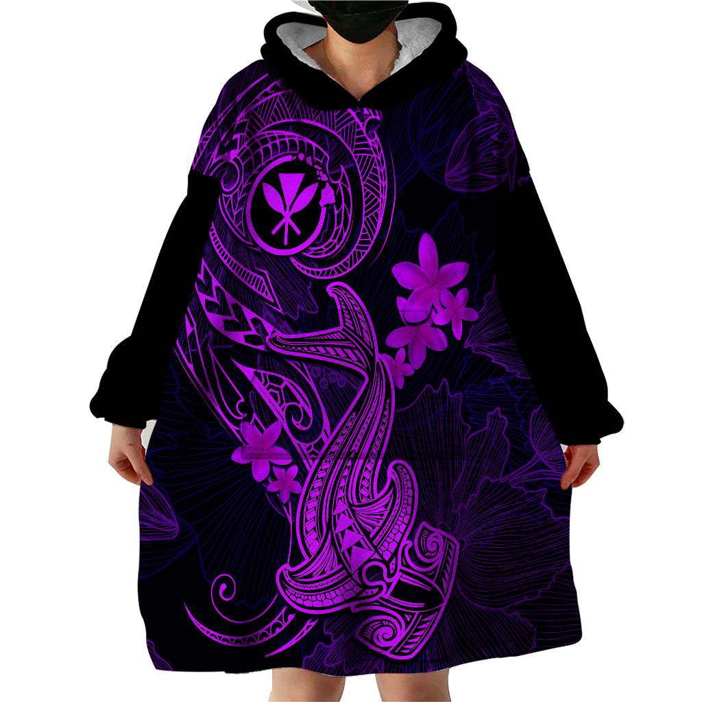 Hawaii Wearable Blanket Hoodie Hammerhead Shark Tattoo Mix Polynesian Plumeria Purple Version - Wonder Print Shop