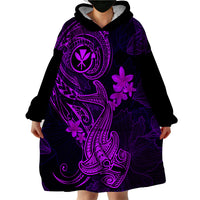 Hawaii Wearable Blanket Hoodie Hammerhead Shark Tattoo Mix Polynesian Plumeria Purple Version - Wonder Print Shop