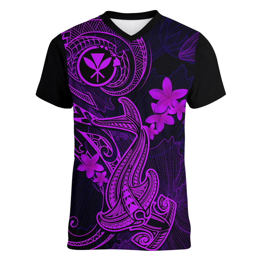 Hawaii Women V Neck T Shirt Hammerhead Shark Tattoo Mix Polynesian Plumeria Purple Version - Wonder Print Shop