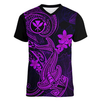 Hawaii Women V Neck T Shirt Hammerhead Shark Tattoo Mix Polynesian Plumeria Purple Version - Wonder Print Shop