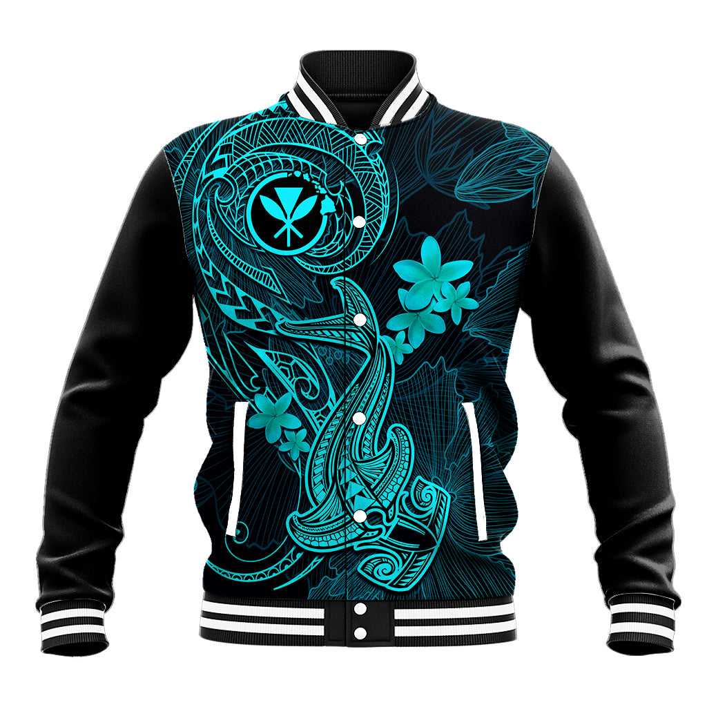 Hawaii Baseball Jacket Hammerhead Shark Tattoo Mix Polynesian Plumeria Turquoise Version - Wonder Print Shop