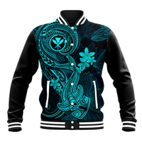 Hawaii Baseball Jacket Hammerhead Shark Tattoo Mix Polynesian Plumeria Turquoise Version - Wonder Print Shop
