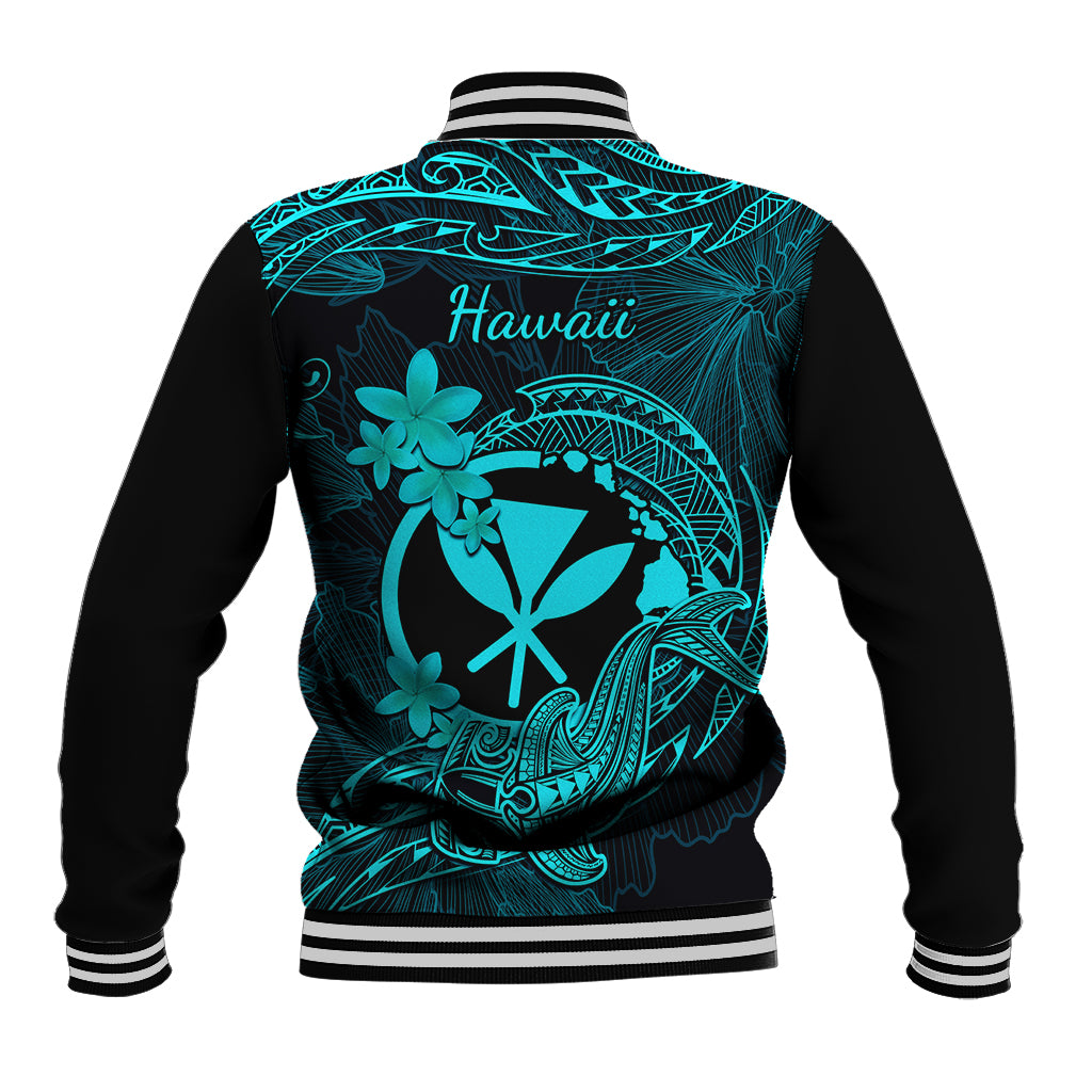 Hawaii Baseball Jacket Hammerhead Shark Tattoo Mix Polynesian Plumeria Turquoise Version - Wonder Print Shop