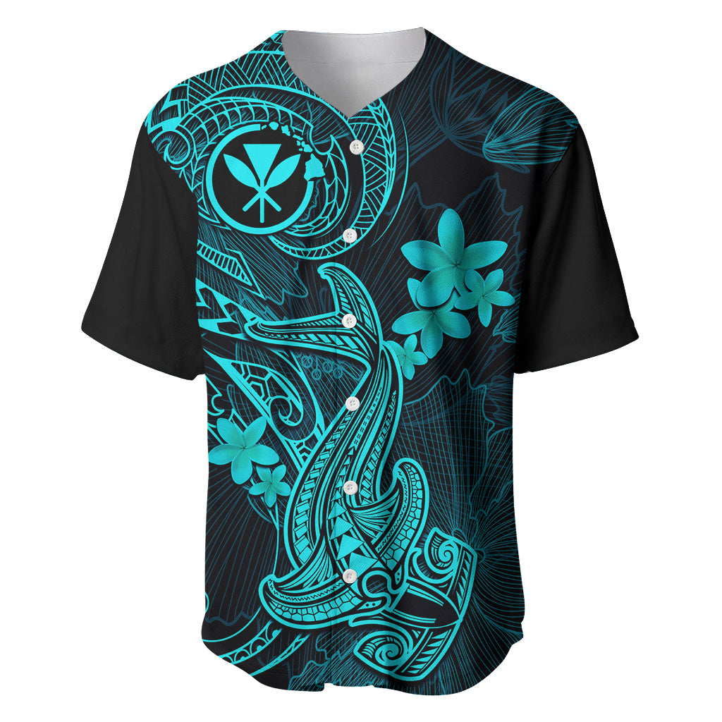 Hawaii Baseball Jersey Hammerhead Shark Tattoo Mix Polynesian Plumeria Turquoise Version - Wonder Print Shop