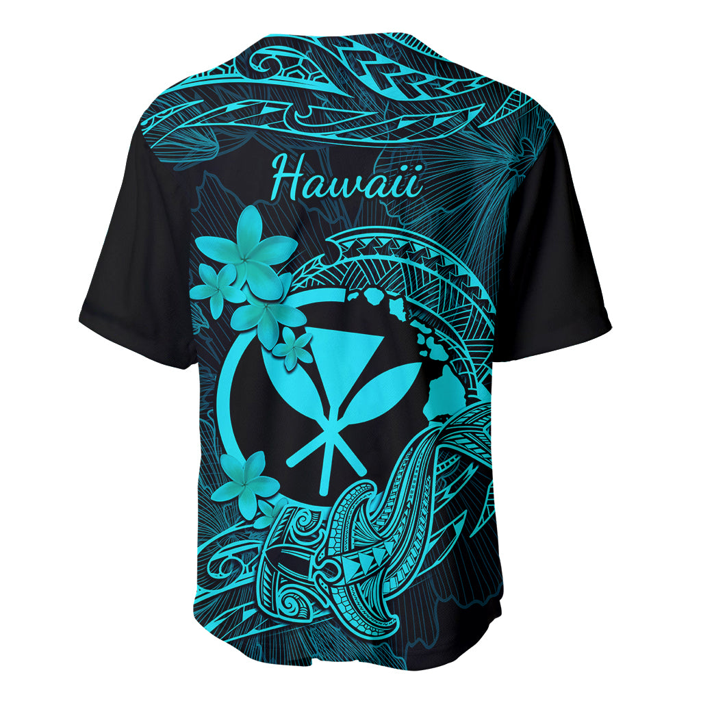 Hawaii Baseball Jersey Hammerhead Shark Tattoo Mix Polynesian Plumeria Turquoise Version - Wonder Print Shop