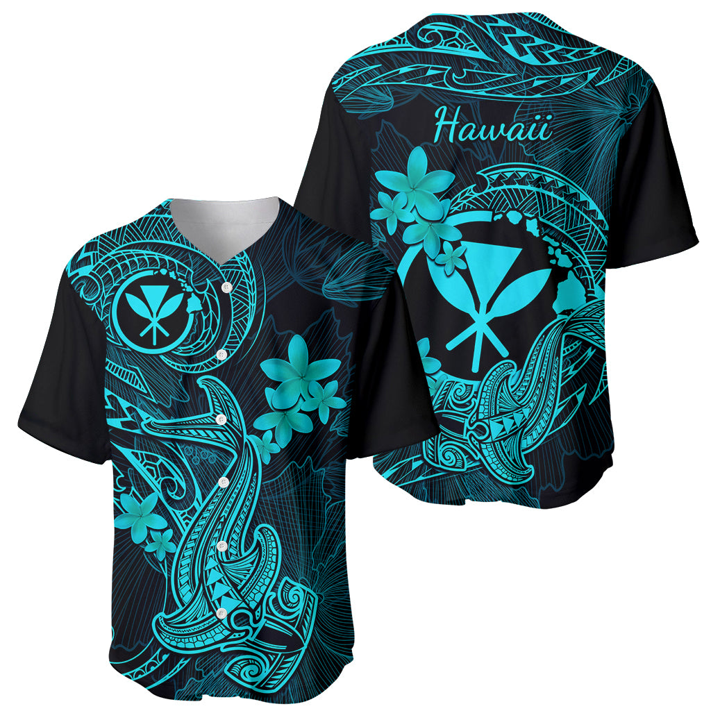 Hawaii Baseball Jersey Hammerhead Shark Tattoo Mix Polynesian Plumeria Turquoise Version - Wonder Print Shop