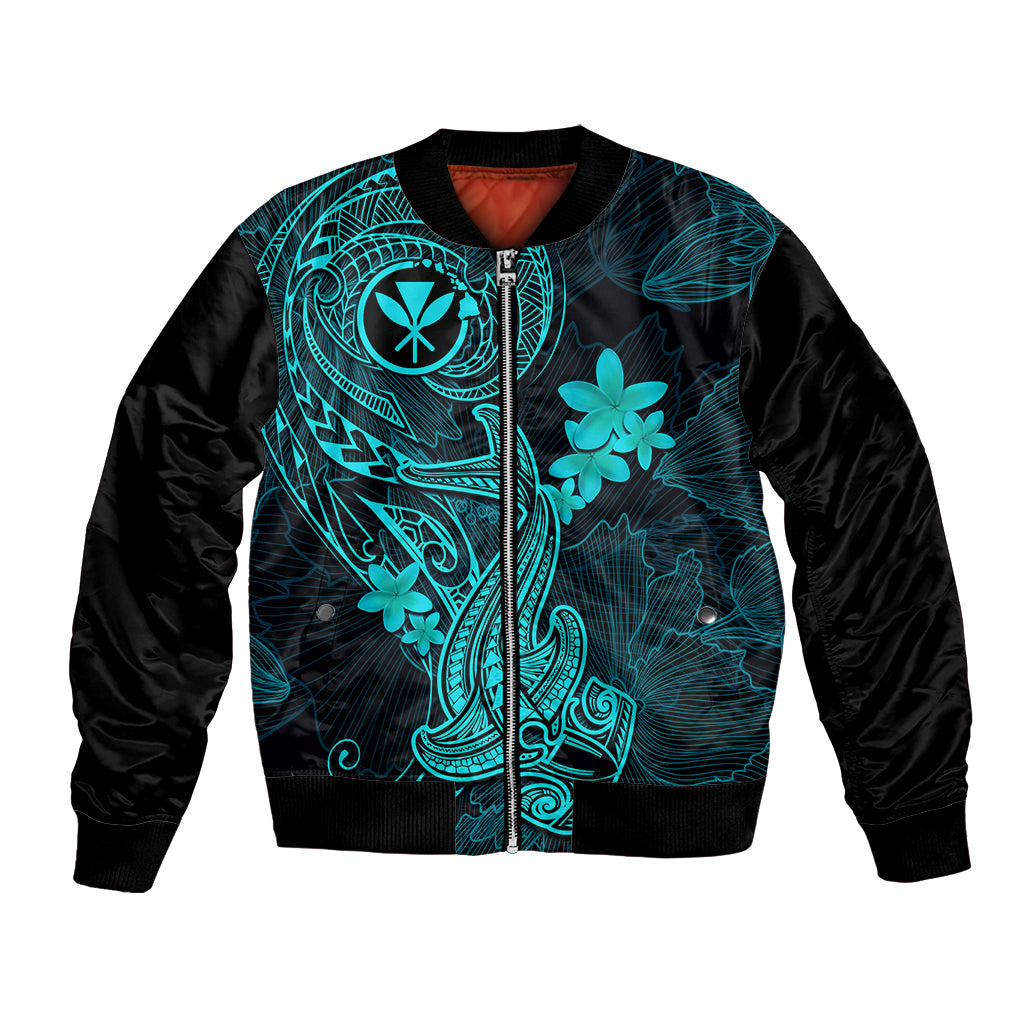 Hawaii Bomber Jacket Hammerhead Shark Tattoo Mix Polynesian Plumeria Turquoise Version - Wonder Print Shop