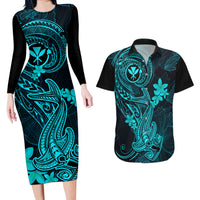 Hawaii Couples Matching Long Sleeve Bodycon Dress and Hawaiian Shirt Hammerhead Shark Tattoo Mix Polynesian Plumeria Turquoise Version - Wonder Print Shop