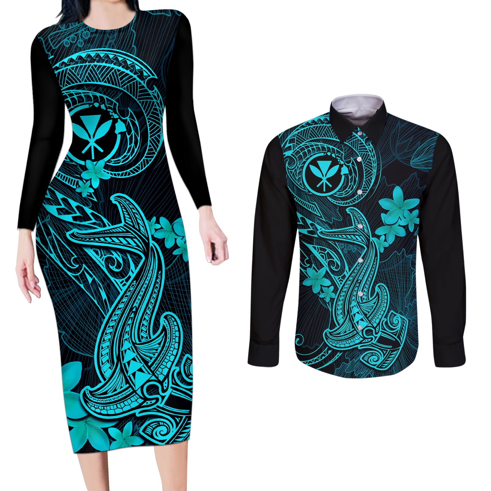 Hawaii Couples Matching Long Sleeve Bodycon Dress and Long Sleeve Button Shirts Hammerhead Shark Tattoo Mix Polynesian Plumeria Turquoise Version - Wonder Print Shop