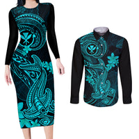Hawaii Couples Matching Long Sleeve Bodycon Dress and Long Sleeve Button Shirts Hammerhead Shark Tattoo Mix Polynesian Plumeria Turquoise Version - Wonder Print Shop