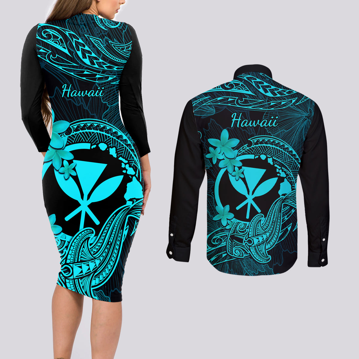Hawaii Couples Matching Long Sleeve Bodycon Dress and Long Sleeve Button Shirts Hammerhead Shark Tattoo Mix Polynesian Plumeria Turquoise Version - Wonder Print Shop