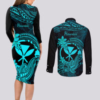 Hawaii Couples Matching Long Sleeve Bodycon Dress and Long Sleeve Button Shirts Hammerhead Shark Tattoo Mix Polynesian Plumeria Turquoise Version - Wonder Print Shop