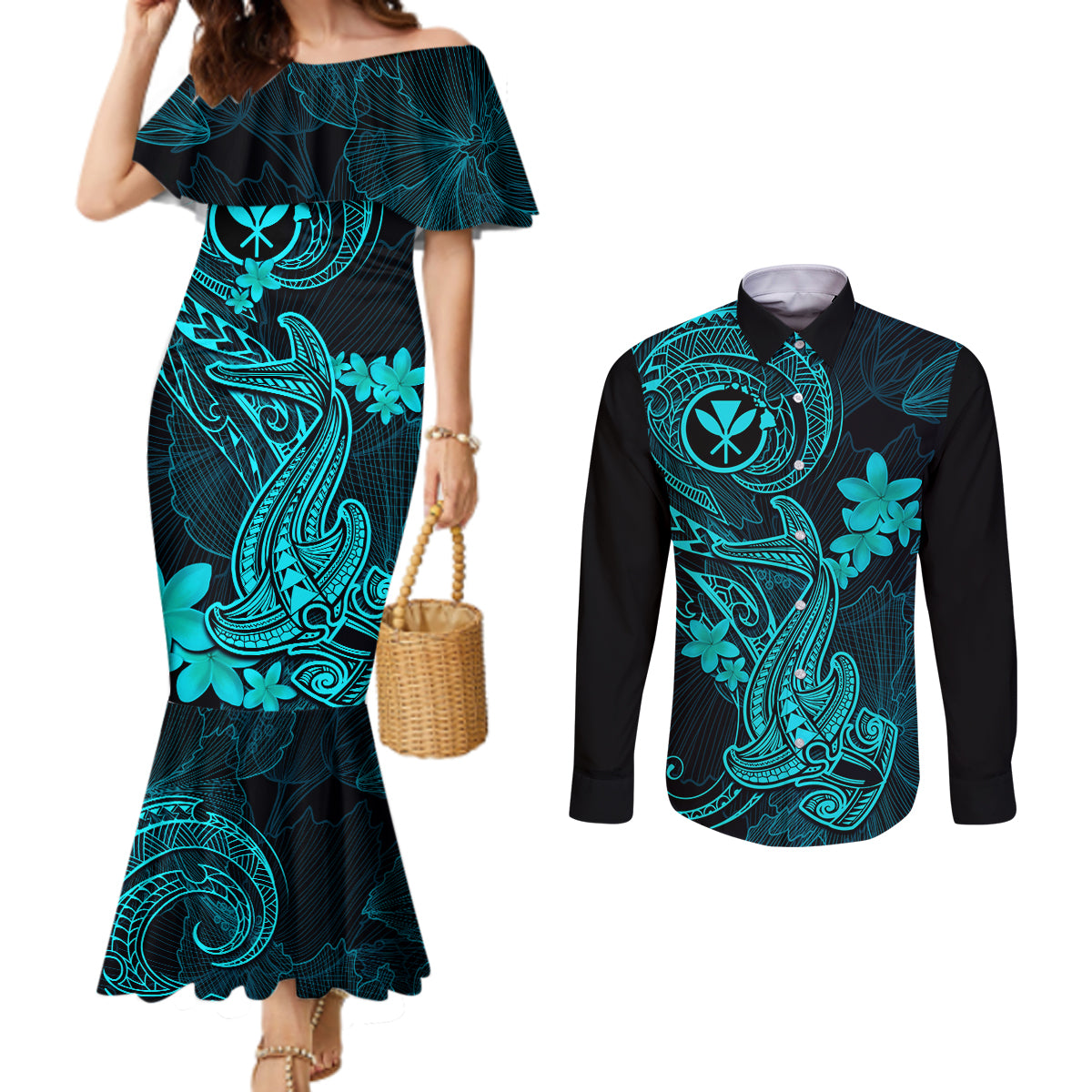 hawaii-couples-matching-mermaid-dress-and-long-sleeve-button-shirts-hammerhead-shark-tattoo-mix-polynesian-plumeria-turquoise-version