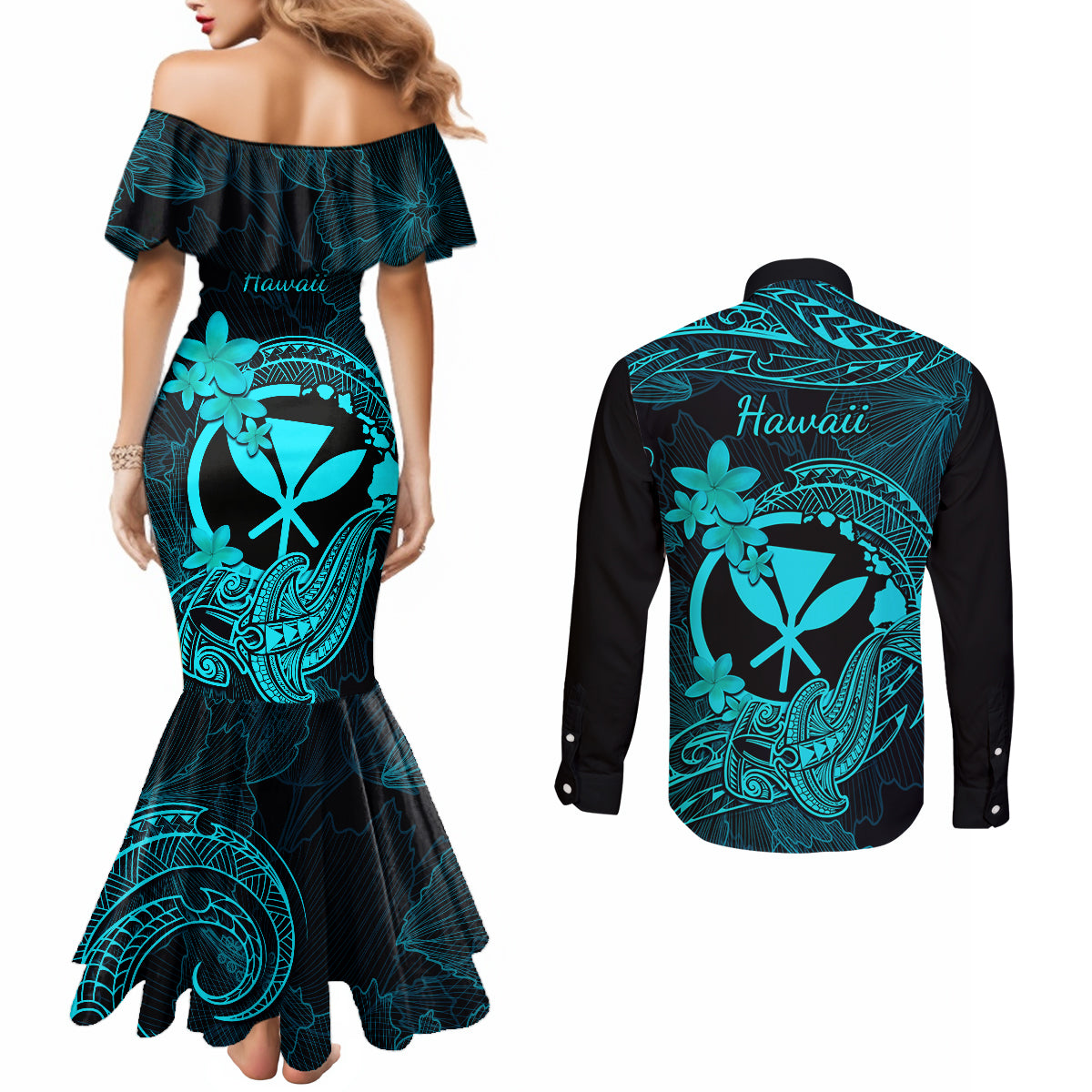 hawaii-couples-matching-mermaid-dress-and-long-sleeve-button-shirts-hammerhead-shark-tattoo-mix-polynesian-plumeria-turquoise-version
