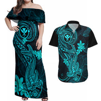 Hawaii Couples Matching Off Shoulder Maxi Dress and Hawaiian Shirt Hammerhead Shark Tattoo Mix Polynesian Plumeria Turquoise Version - Wonder Print Shop