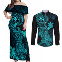 Hawaii Couples Matching Off Shoulder Maxi Dress and Long Sleeve Button Shirts Hammerhead Shark Tattoo Mix Polynesian Plumeria Turquoise Version - Wonder Print Shop