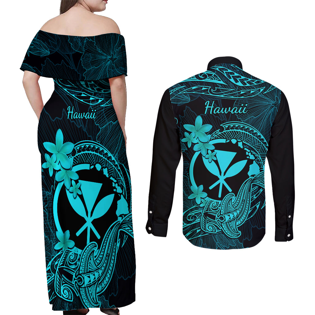 Hawaii Couples Matching Off Shoulder Maxi Dress and Long Sleeve Button Shirts Hammerhead Shark Tattoo Mix Polynesian Plumeria Turquoise Version - Wonder Print Shop