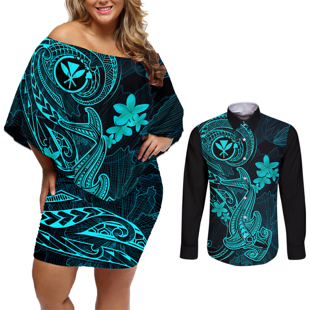 Hawaii Couples Matching Off Shoulder Short Dress and Long Sleeve Button Shirts Hammerhead Shark Tattoo Mix Polynesian Plumeria Turquoise Version - Wonder Print Shop