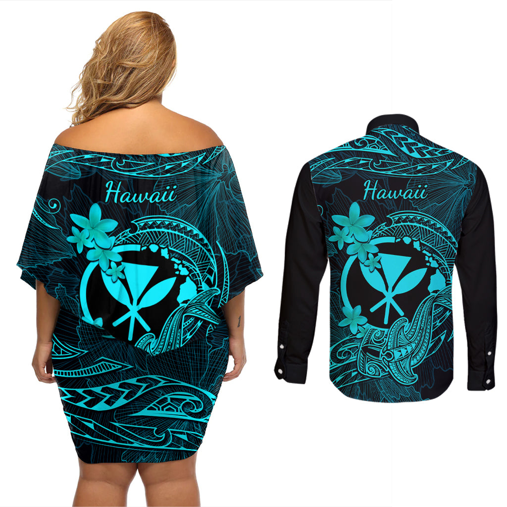 Hawaii Couples Matching Off Shoulder Short Dress and Long Sleeve Button Shirts Hammerhead Shark Tattoo Mix Polynesian Plumeria Turquoise Version - Wonder Print Shop