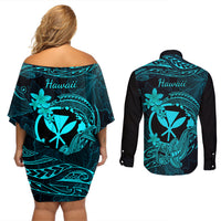 Hawaii Couples Matching Off Shoulder Short Dress and Long Sleeve Button Shirts Hammerhead Shark Tattoo Mix Polynesian Plumeria Turquoise Version - Wonder Print Shop