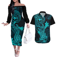 Hawaii Couples Matching Off The Shoulder Long Sleeve Dress and Hawaiian Shirt Hammerhead Shark Tattoo Mix Polynesian Plumeria Turquoise Version - Wonder Print Shop