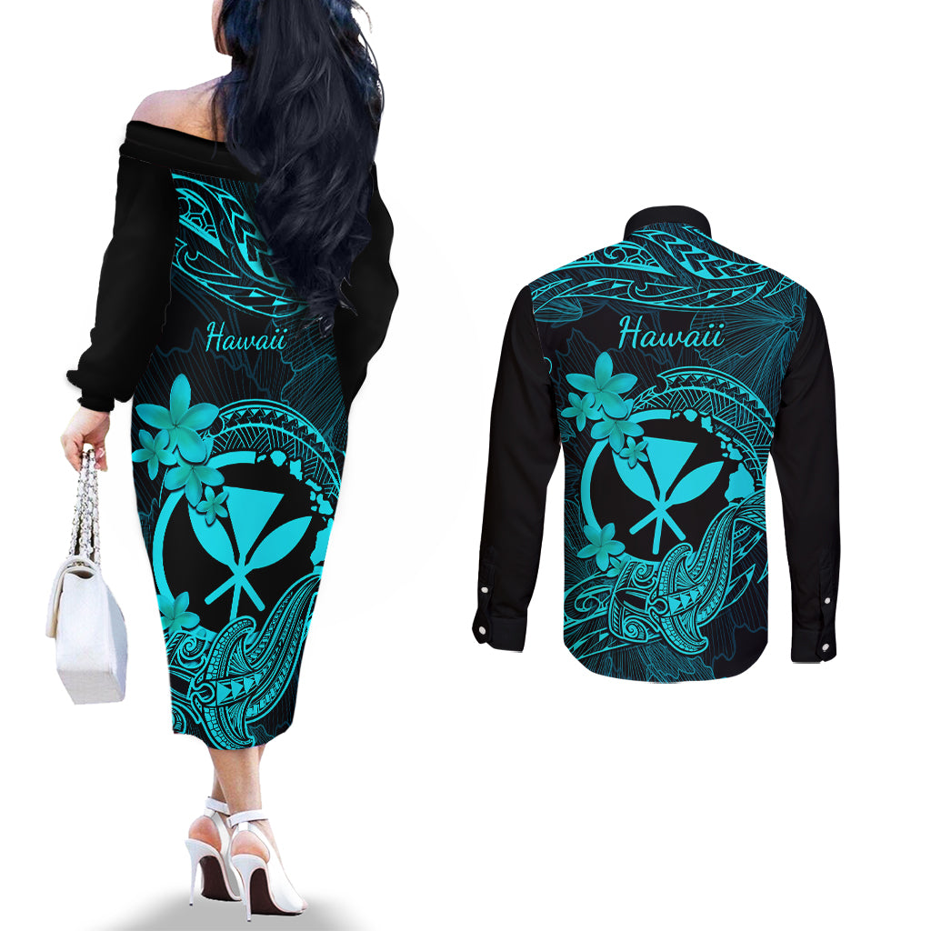 hawaii-couples-matching-off-the-shoulder-long-sleeve-dress-and-long-sleeve-button-shirts-hammerhead-shark-tattoo-mix-polynesian-plumeria-turquoise-version