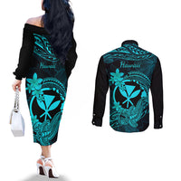 hawaii-couples-matching-off-the-shoulder-long-sleeve-dress-and-long-sleeve-button-shirts-hammerhead-shark-tattoo-mix-polynesian-plumeria-turquoise-version